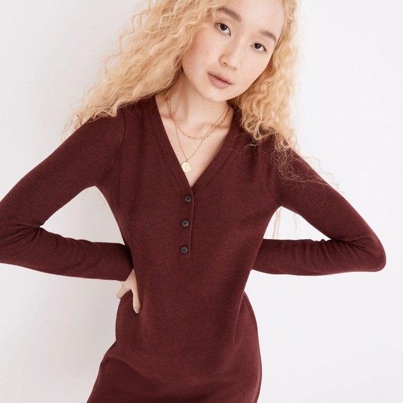 MADEWELL Long Sleeve Henley Midi Dress in Heather Rusted Red - Picture 5 of 10